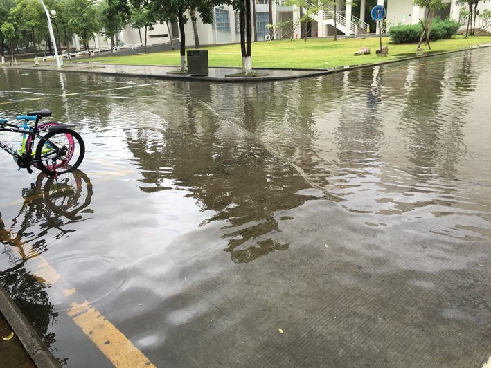 大雨で冠水したキャンパス